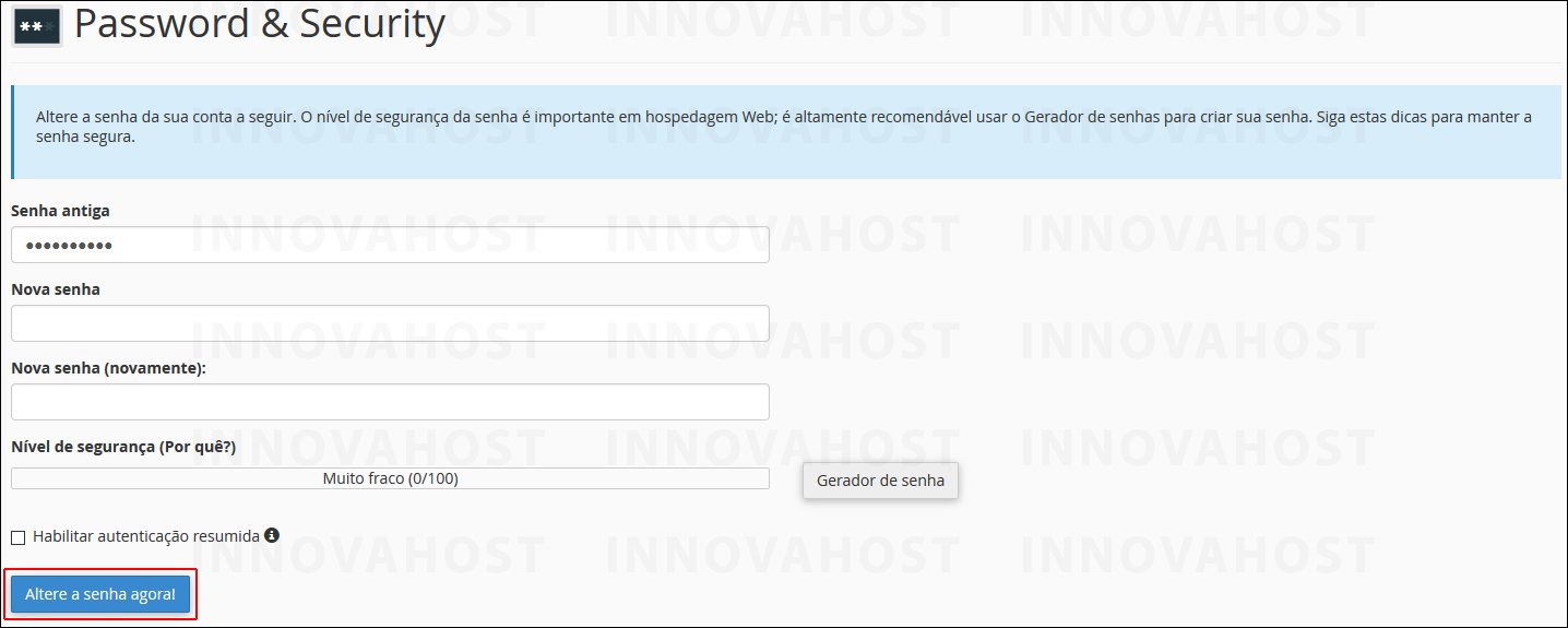 cPanel > Mudar senha